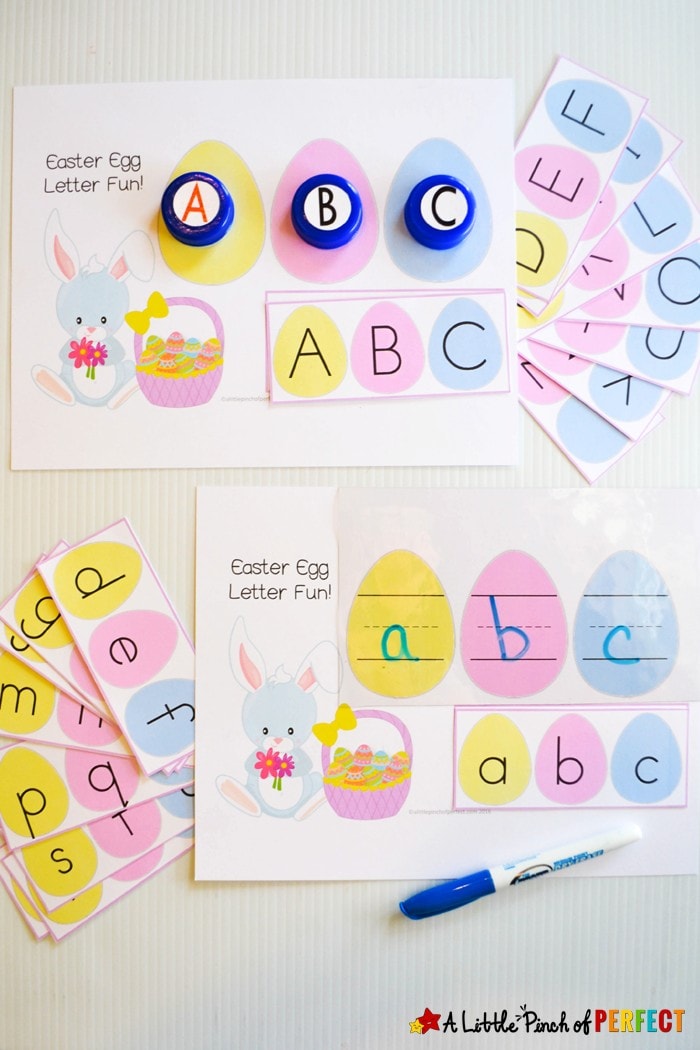 Easter Egg Alphabet Letter Match Free Printable: This activity comes with uppercase and lowercase letters, 2 mats including one to write on, and some three letter words for your budding reader. (Easter, Preschool, Kindergarten)