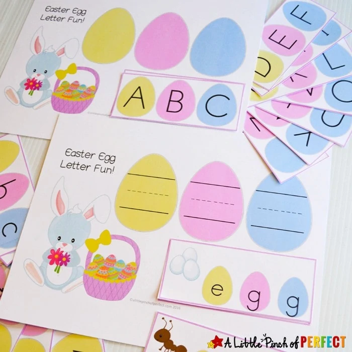 Easter Egg Alphabet Letter Match Free Printable: This activity comes with uppercase and lowercase letters, 2 mats including one to write on, and some three letter words for your budding reader. (Easter, Preschool, Kindergarten)