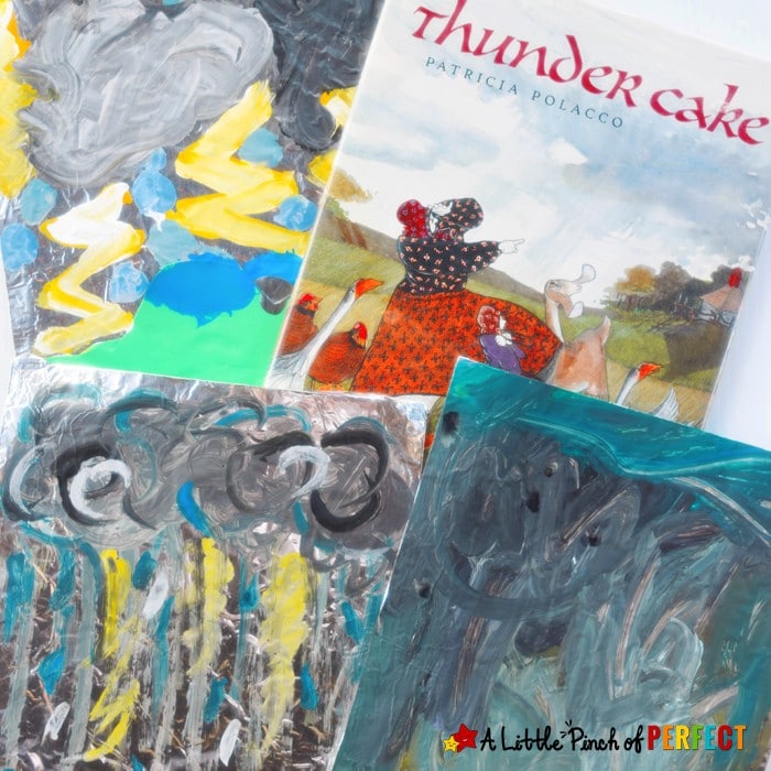 Easy stormy weather craft inspired by Thunder Cake is so cool because the clouds, rain drops, and flashes of lightening shine on the page. (painting, preschool, kindergarten, spring, summer, learning about weather, book extension) 