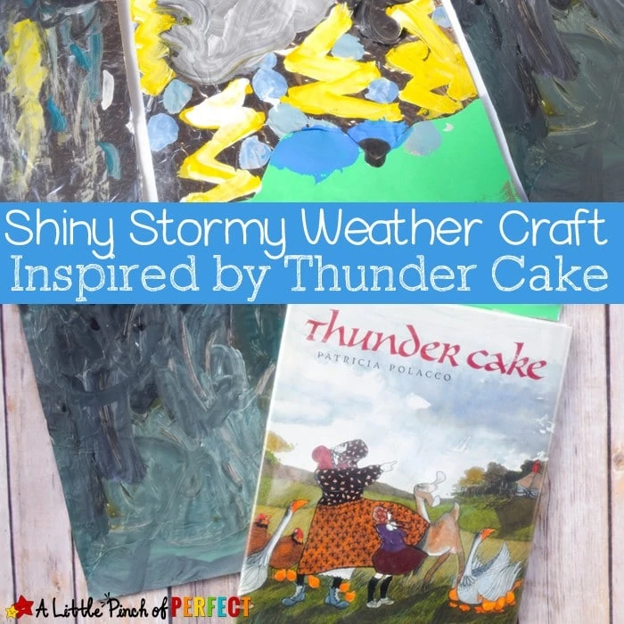 Easy stormy weather craft inspired by Thunder Cake is so cool because the clouds, rain drops, and flashes of lightening shine on the page. (painting, preschool, kindergarten, spring, summer, learning about weather, book extension)