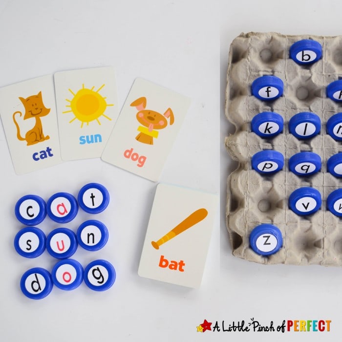 CVC Word Building Activity for Kids: Use this activity to turn boring flashcards into a fun hands on language activity. Your kindergartner or first grader can build CVC words to practice reading and spelling. As always, you can adapt this activity to match your child's skill level.