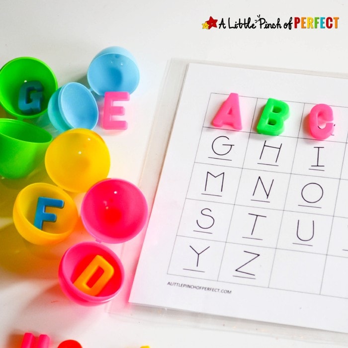 ABC Easter Egg Alphabet Hunt for Kids: Send kids on an Easter Egg hunt to help them learn their letters. It's amazing how motivating a little plastic egg can be! Includes free printable mat (Preschool, Kindergarten, Toddler) 