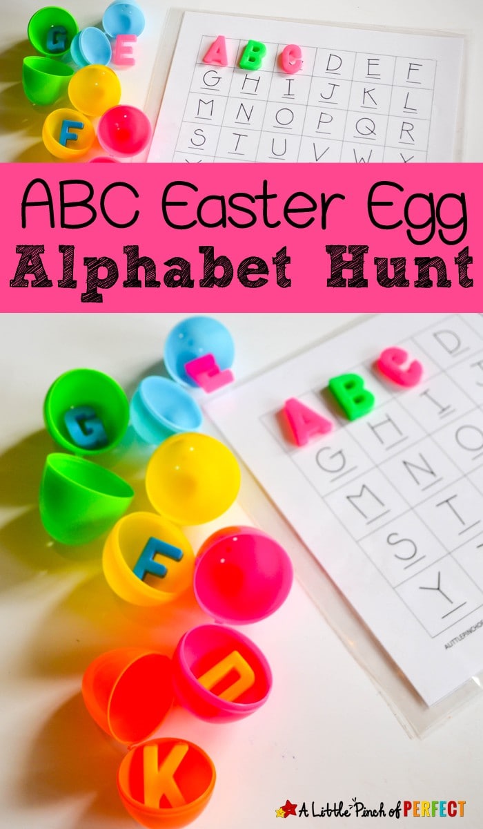 ABC Easter Egg Alphabet Hunt for Kids: Send kids on an Easter Egg hunt to help them learn their letters. It's amazing how motivating a little plastic egg can be! Includes free printable mat (Preschool, Kindergarten, Toddler) 