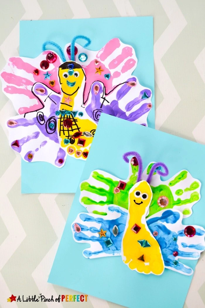Adorable Handprint and Footprint Butterfly Craft: Kids can paint and decorate a beautiful butterfly made with their own hands and feet. They are perfect to make during spring, add to an insect unit, or even turn into a card for Mother's Day. (preschool, toddler, keepsake, painting)