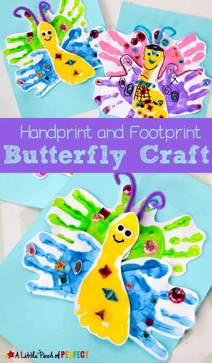 Adorable Handprint and Footprint Butterfly Craft: Kids can paint and decorate a beautiful butterfly made with their own hands and feet. They are perfect to make during spring, add to an insect unit, or even turn into a card for Mother's Day. (preschool, toddler, keepsake, painting)