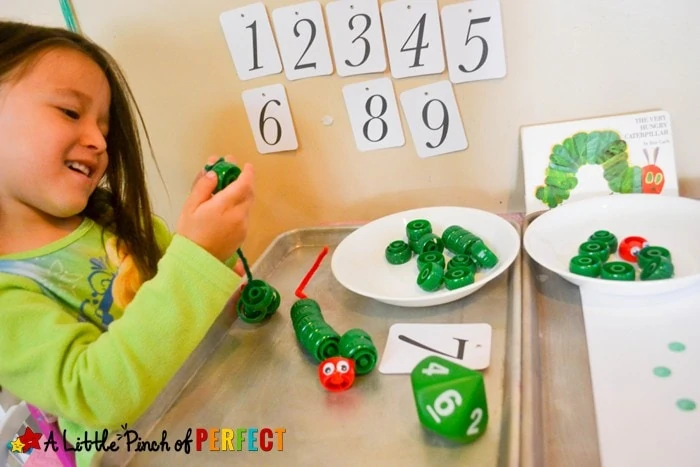 Counting Caterpillars Math Activity Inspired by the Hungry Caterpillar: This simple math activity is great for your preschooler and kindergartner to practice counting and fine motor skills. (Eric Carle, Spring, Book Extension)
