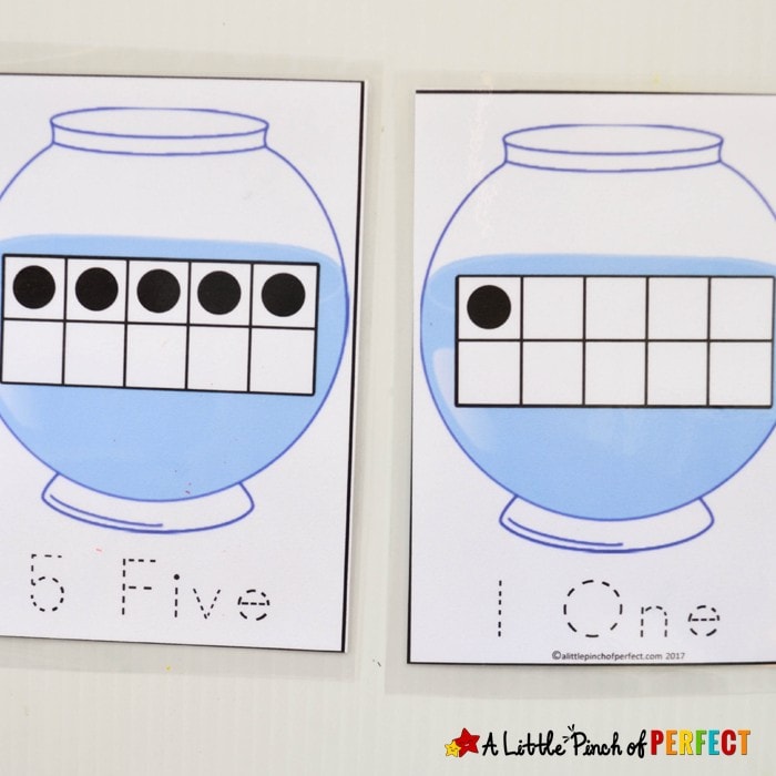 10-Frames Fish Bowl Math: Free Printable Counting Cards--Kids can learn number recognition, counting, and subitizing while having fun with fish in a fish bowl. Use with mini erasers, goldfish crackers, or other hand on manipulatives. (Preschool, Kindergarten, Pets, Ocean)