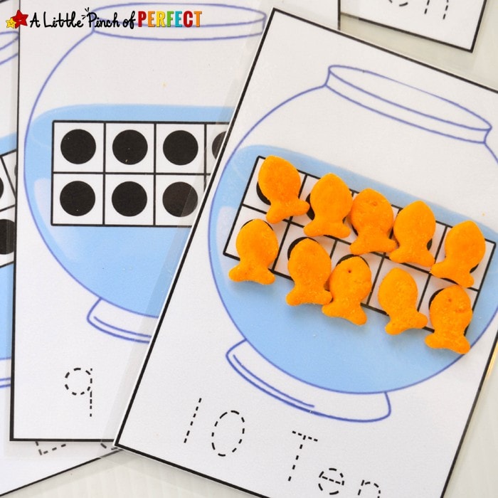 10-Frames Fish Bowl Math: Free Printable Counting Cards--Kids can learn number recognition, counting, and subitizing while having fun with fish in a fish bowl. Use with mini erasers, goldfish crackers, or other hand on manipulatives. (Preschool, Kindergarten, Pets, Ocean)
