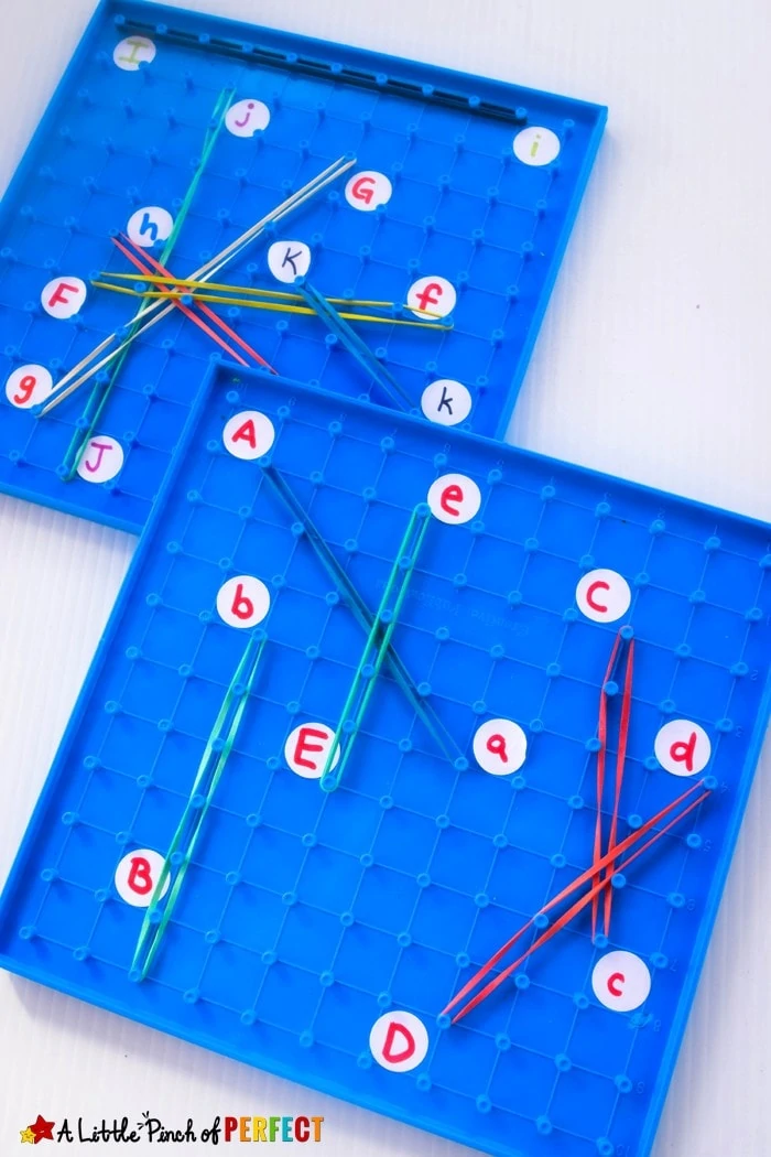 Geoboard Letter Match: With a little prep your preschooler or kindergartner can match uppercase and lowercase letters as they learn the alphabet and work on fine motor skills.