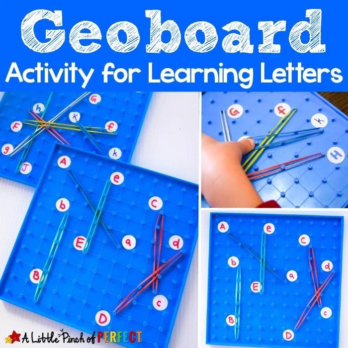 Geoboard Letter Match: With a little prep your preschooler or kindergartner can match uppercase and lowercase letters as they learn the alphabet and work on fine motor skills.