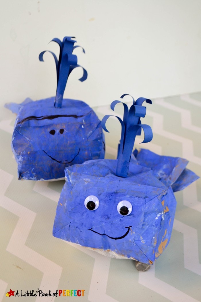 Kids learn about Blue Whales as they make a cute paper bag craft using our free template. They can also watch a video and do a hands on activity to learn how blue whales eat.
