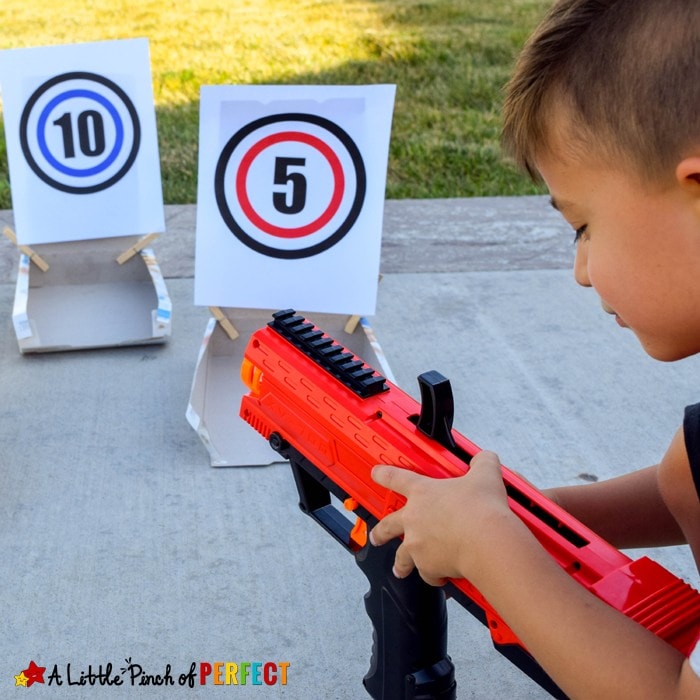 DIY Cereal Box Nerf Gun Targets and Free Template: Grab your Nerf guns and get ready to take aim at your new homemade cereal box targets following our easy directions and using our free target template. (Kids Activity, Summer, Party, Play)
