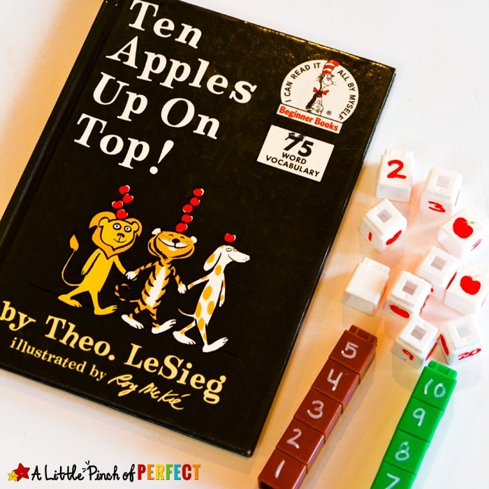 Children can enjoy reading Ten Apples Up On Top by Dr. Seuss books and then have fun counting and learning numbers with this simple math activity. (fall, book extension, preschool, kindergarten)