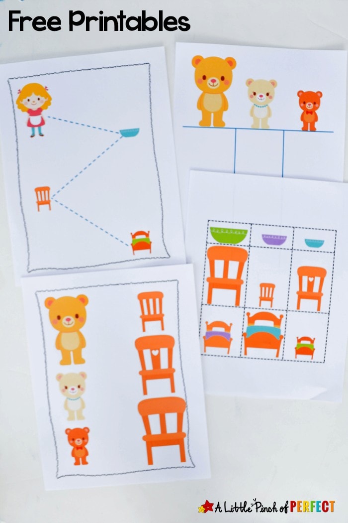 Children can take a closer look into the classic fairy tale, Goldilocks and the Three Bears, with our free printable activities. The 13 page printable set includes pages for pre-writing, letters and number, sorting, and more!