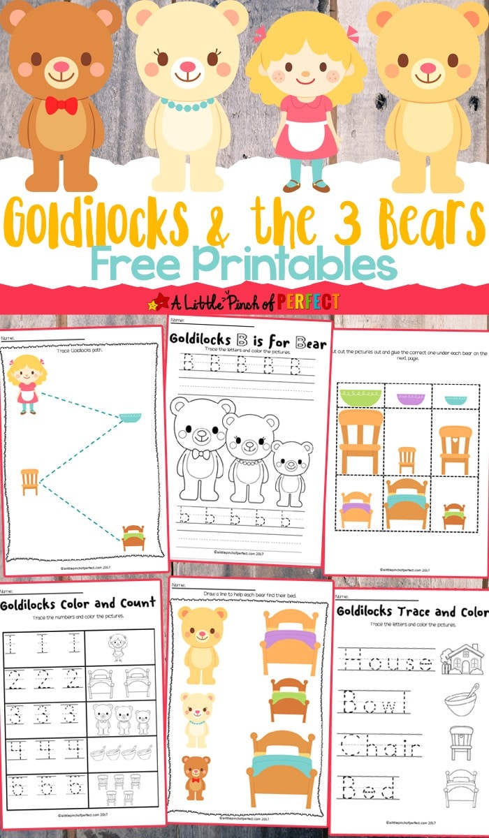 Children can take a closer look into the classic fairy tale, Goldilocks and the Three Bears, with our free printable activities. The 13 page printable set includes pages for pre-writing, letters and number, sorting, and more!