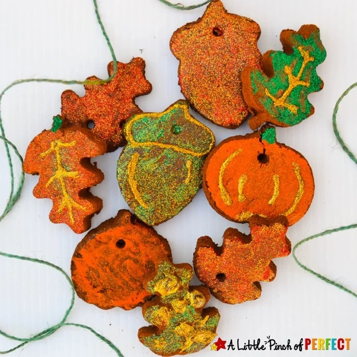 Kids can make pretty pumpkin and leaf cinnamon ornaments that fill your home or classroom with the warm fragrant smells of autumn. (Kids craft, Fall)