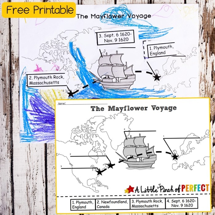 The Mayflower Voyage Free Printable Map Activity: Color, Cut, and Paste history activity for kids that comes in two versions including Newfoundland, Canada, Plymouth, England and Plymouth Rock, Massachusetts (Thanksgiving, November)
