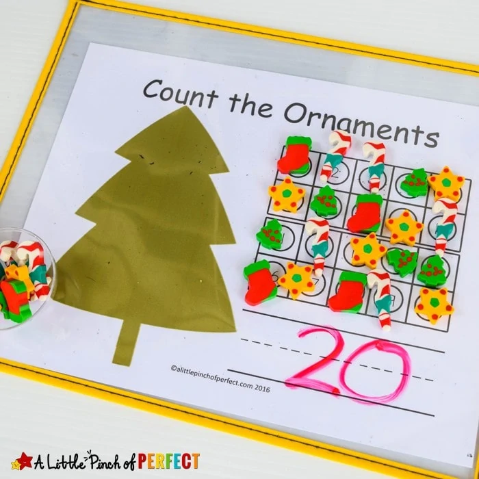 Set of Christmas Tree 10 Frame Math Mats Free Printable: Can be used for counting 1-10, counting 1-20, addition, and subtraction. (Preschool, Kindergarten, First Grade)