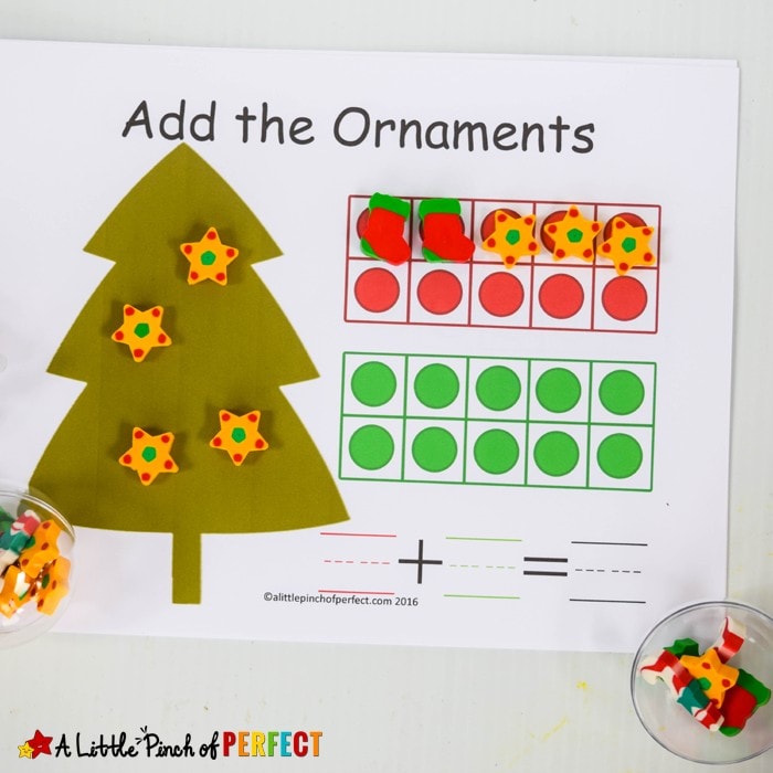 Set of Christmas Tree 10 Frame Math Mats Free Printable: Can be used for counting 1-10, counting 1-20, addition, and subtraction. (Preschool, Kindergarten, First Grade)