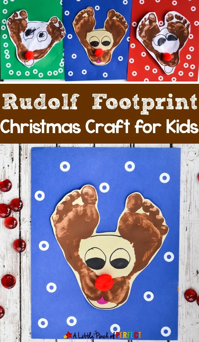 Make a darling footprint Rudolf the Red Nose Reindeer craft with kids this Christmas. They are so easy to make and are certainly cute. #christmas #crafts #preschool #rudolf