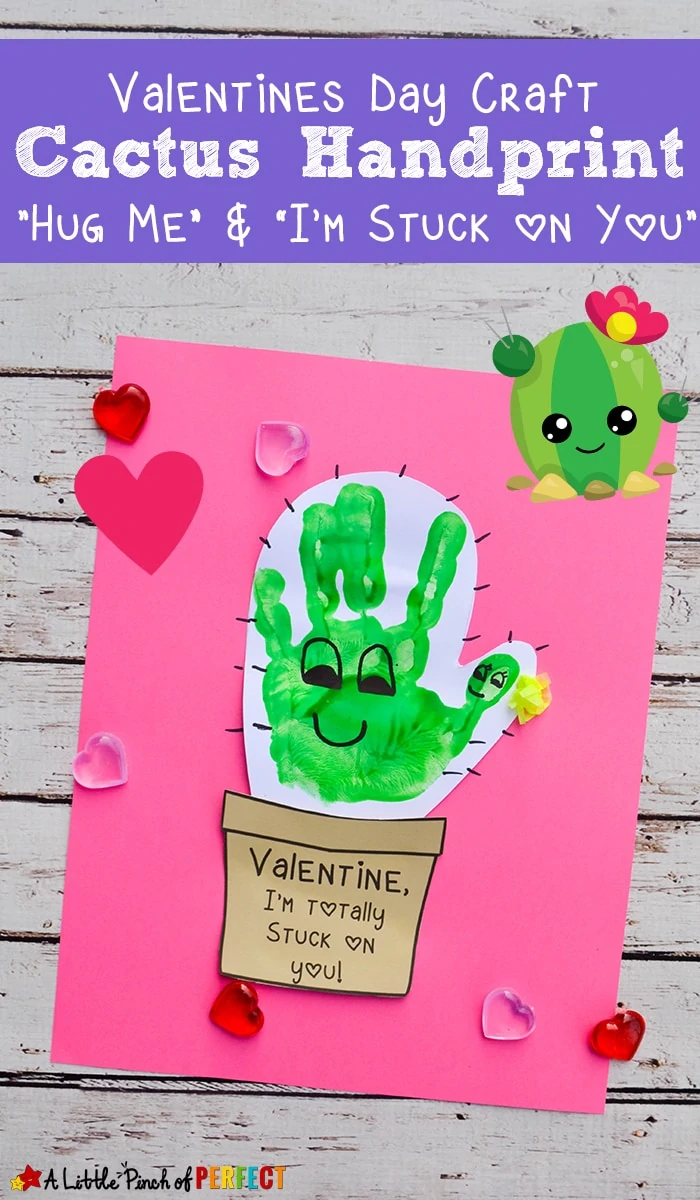 Kids can make the cutest cactus Valentine's Day craft with our free craft template and their adorable little handprints The templates say "Hug me" "I'm Totally Stuck on You" "I Love You!" and the fourth option has writing lines so kids can write their own message. This craft can be turned into a card. (#Valentines #kidscraft #handprint)