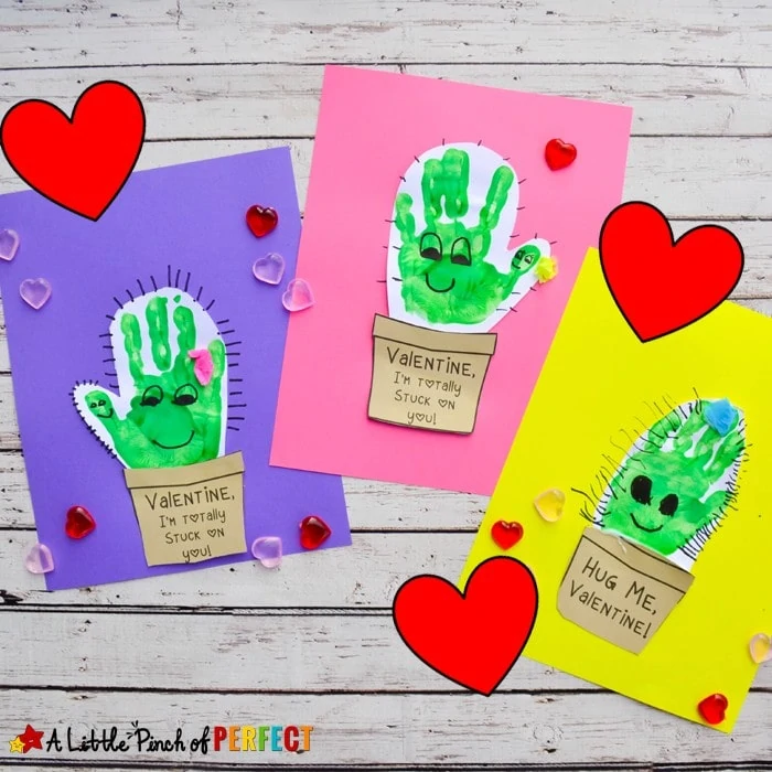 Kids can make the cutest cactus Valentine's Day craft with our free craft template and their adorable little handprints The templates say "Hug me" "I'm Totally Stuck on You" "I Love You!" and the fourth option has writing lines so kids can write their own message. This craft can be turned into a card. (#Valentines #kidscraft #handprint)