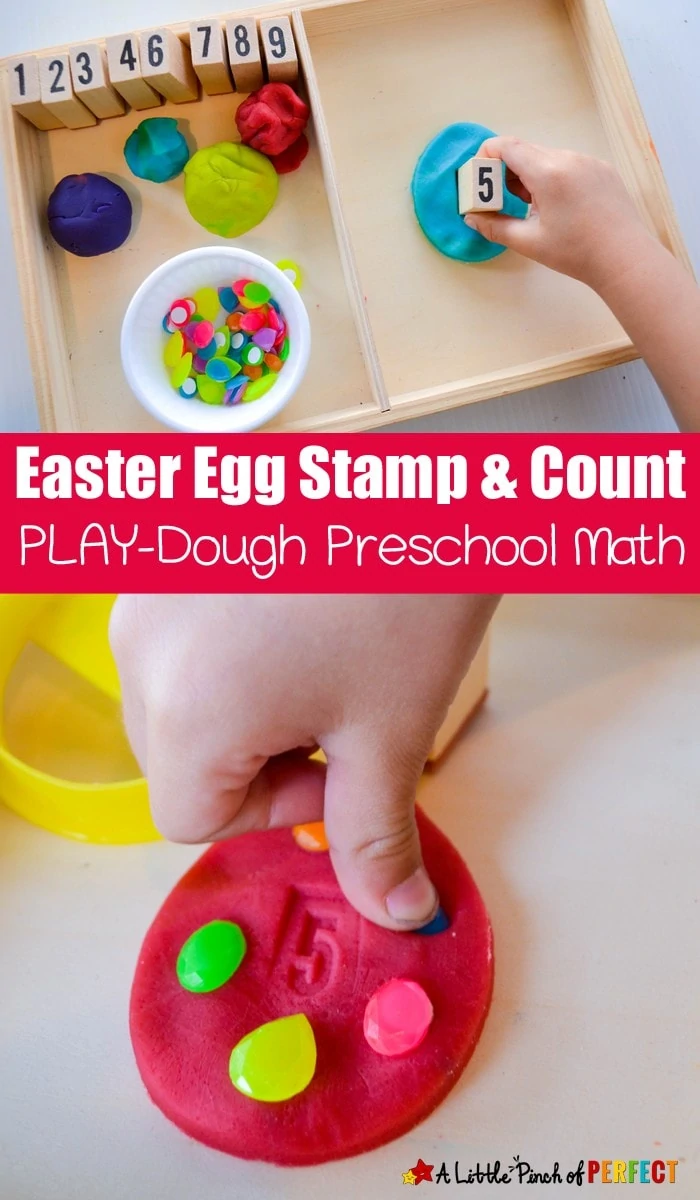 Easter Egg Stamp and Count Playdough Math: Children can decorate Easter eggs as they work on one-to-one correspondence, fine motor skills, and number recognition. (#math #preschool #easteractivity #easteregg)