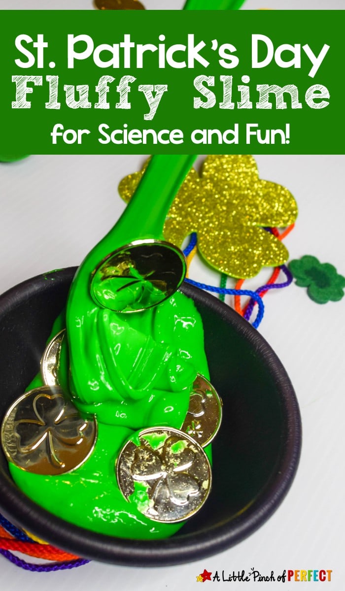 Learn how to make St. Patrick's Day fluffy slime with our favorite new slime recipe. It's easy to make and goes well with gold coins, rainbows, and leprechauns for St. Patrick's Day fun! #slime #kidsactivity #stpatricksday