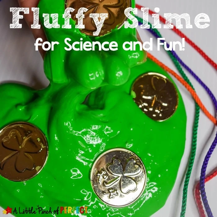 Learn how to make St. Patrick's Day fluffy slime with our favorite new slime recipe. It's easy to make and goes well with gold coins, rainbows, and leprechauns for St. Patrick's Day fun! #slime #kidsactivity #stpatricksday