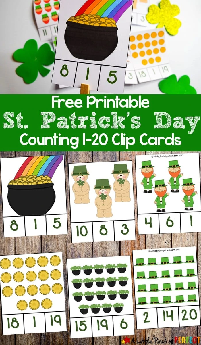 St. Patrick's Day Counting Clip Cards: Free printable counting card set with numbers 1-20 for children to clip the right number while working on number recognition, counting, and subitizing. (#preschool #stpatricksday #counting)