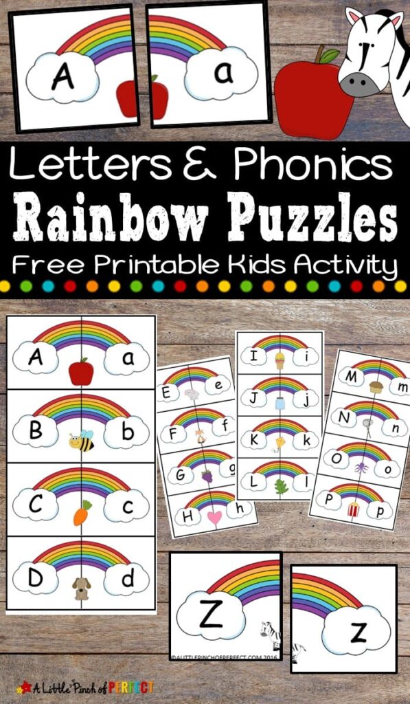 Teach kids letters and phonics with this free printable letter puzzle set. Each lowercase letter is matched with an uppercase letter and picture. This rainbow themed activity is perfect for spring, St. Patrick's Day, or within a weather unit. (#kindergarten #preschool #languagearts #alphabet #phonics #stpatricksday #kidsactivity #homeschool)