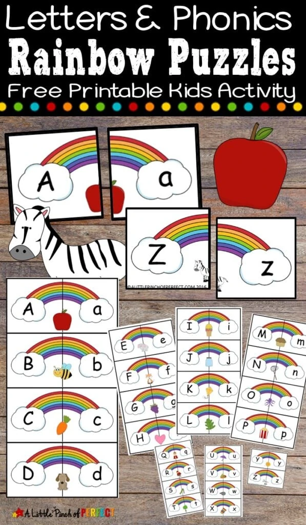 Teach kids letters and phonics with this free printable letter puzzle set. Each lowercase letter is matched with an uppercase letter and picture. This rainbow themed activity is perfect for spring, St. Patrick's Day, or within a weather unit. (#kindergarten #preschool #languagearts #alphabet #phonics #stpatricksday #kidsactivity #homeschool)
