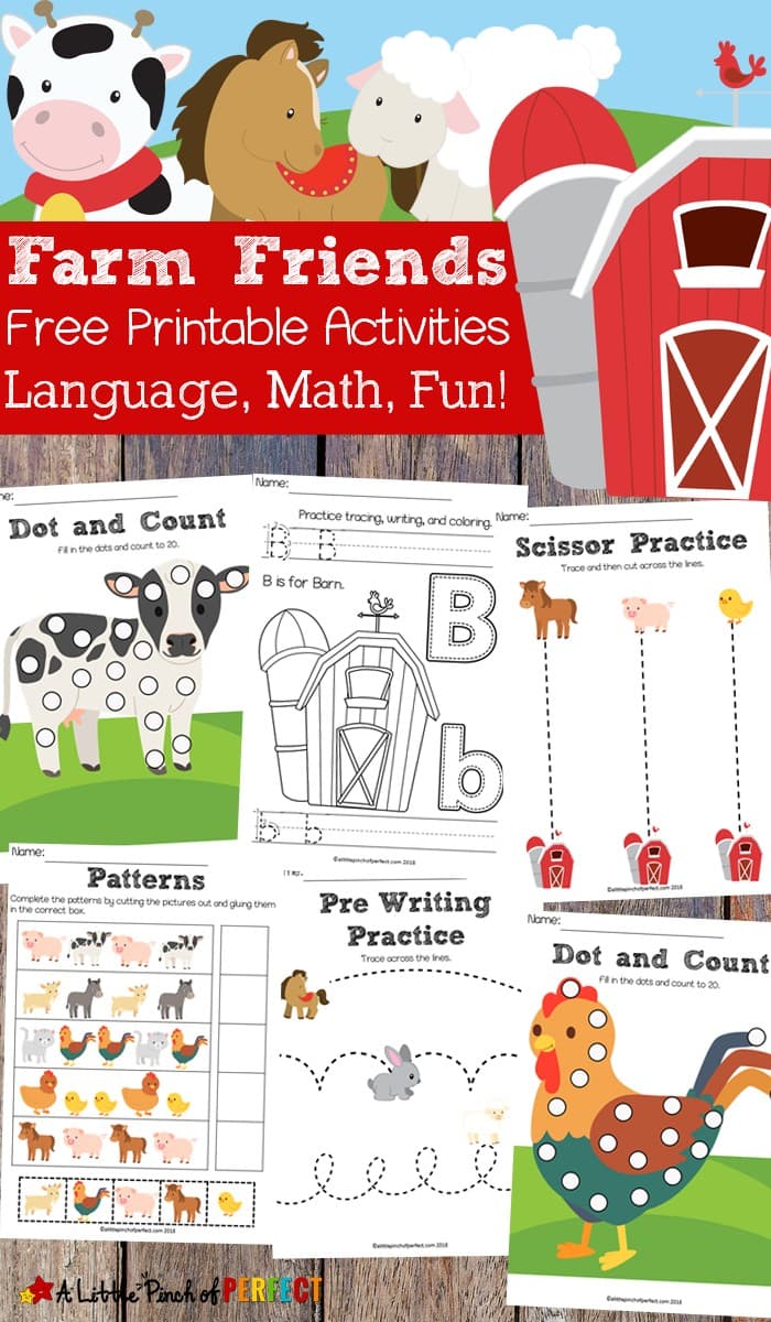Free Farm Friends Printable Activity Pack: 35 pages of activities for your child to learn math and language including do-a-dot pages, coloring pages, pre-writing activities, pattern cut and paste, counting, and more.