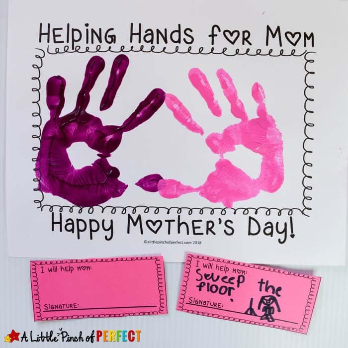 Mother's Day Helping Hands Handprint Craft for Kids: Includes free template for kids to add their handprints to and "I will help mom" cards.