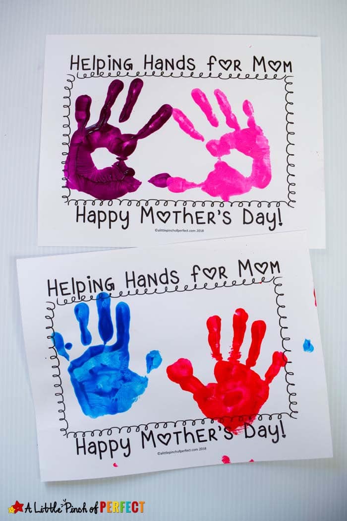 Mother's Day Helping Hands Handprint Craft for Kids: Includes free template for kids to add their handprints to and "I will help mom" cards.