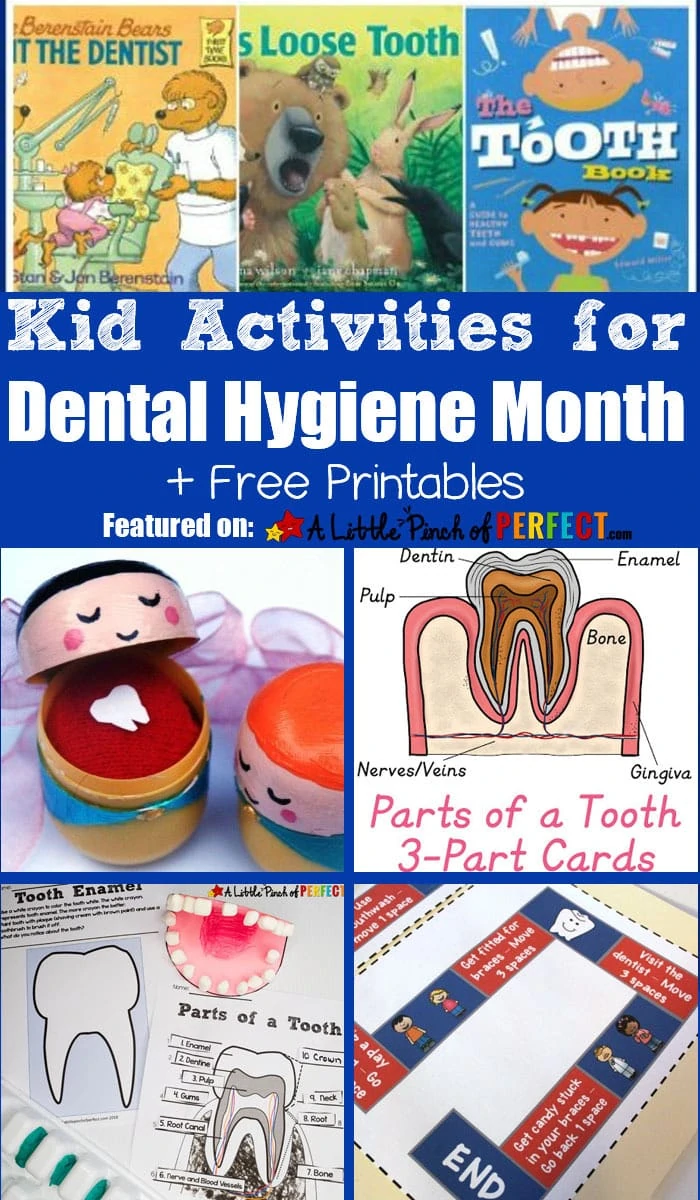 Kid Activities for Dental Hygiene Month: Free Printables, crafts, and more. Perfect for learning about oral hygiene (#kidsactivity #printable #homeschool #firstgrade #kindergarten #preschool)