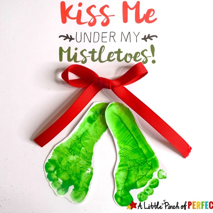 Kiss Me Under the Mistletoe Footprint Craft, Free Template, and Directions: This is so darling for Christmas. (#christmas #craft #kidsactivity #Preschool)