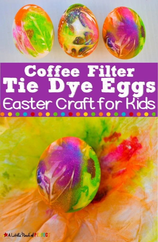 Coffee Filter Tie Dye Easter Eggs: A cool way to give your eggs lots of cool color. Fun for adults and kids and eggs are edible when done. (#eastereggs #kidscraft #kidsactivity)