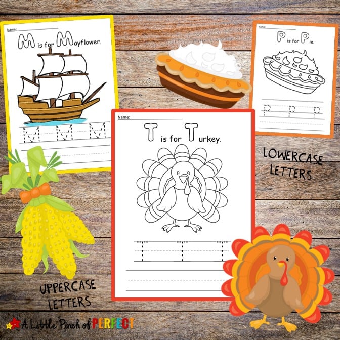 Kids can color Thanksgiving favorites like a turkey, the Mayflower, or a pumpkin pie and trace and write letters to practice their handwriting skills. (#thanksgiving #kidactivity #handwriting #printables #preschool #kindergarten #firstgrade)