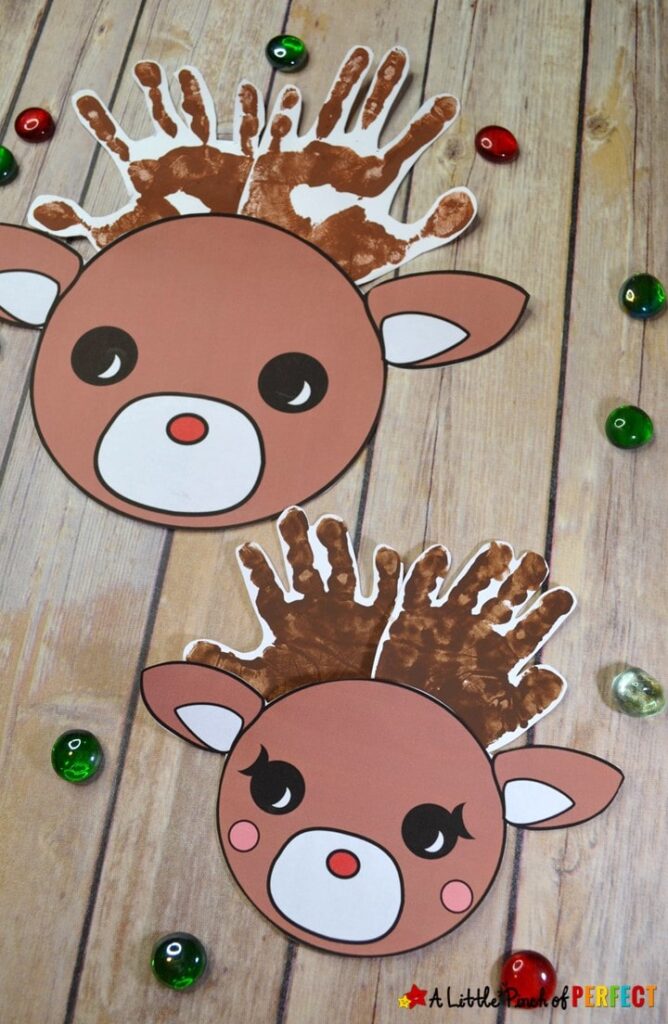Make a Handprint Rudolph craft for Christmas with our free craft template and your child's hands. You can paint their hand or trace it out and top it off with the template for an easy Christmas craft. (#christmas #christmascraft #kidscraft #kidsactivity #rudolph)