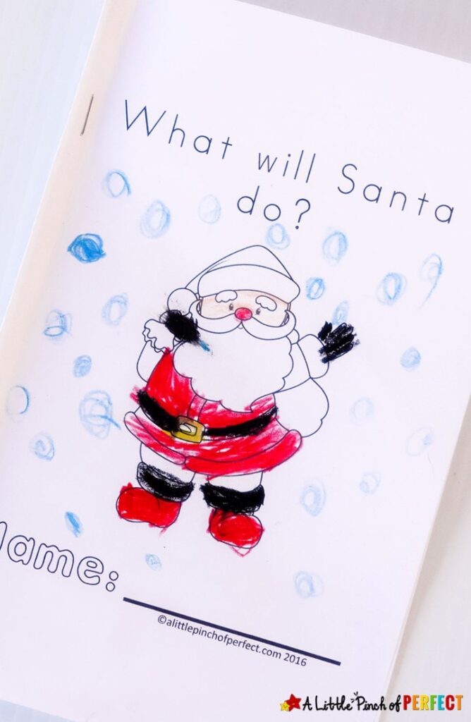 A cute free printable Christmas book that answers the question, "What will Santa do?"  It uses fun repetition to help children with reading comprehension and has cheerful pictures for them to color. It's just perfect for the holidays. (#preschool #kindergarten #learning #reading #christmas #kidsactivity)