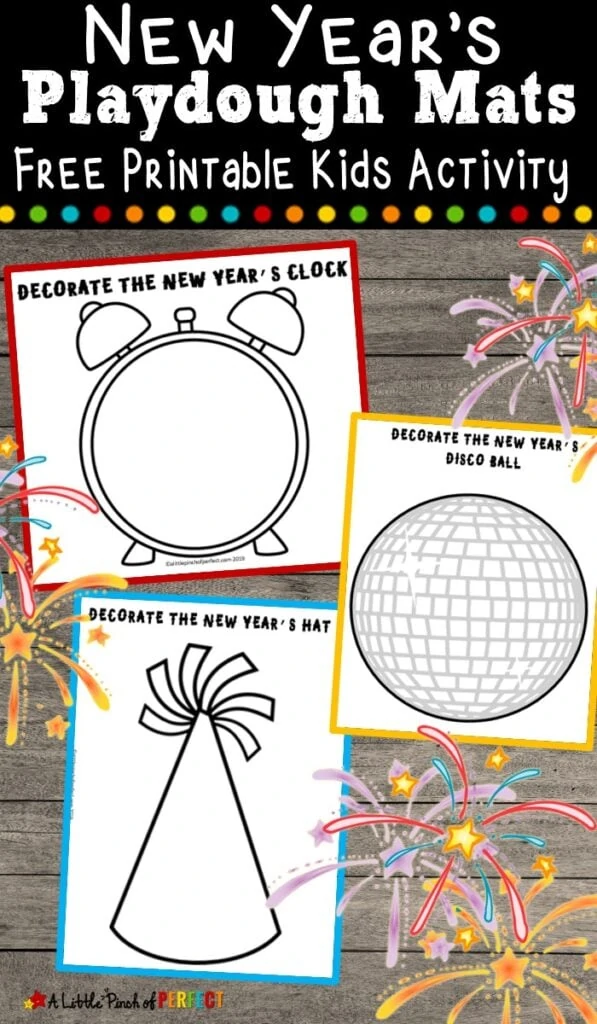 The kids will have fun this New Year's with these Free Printable Playdough Mats. As your kids wait for the New Year they can play and be creative making fireworks, party hats, disco balls, and more. (#newyears #newyearseve #kidsactivity)