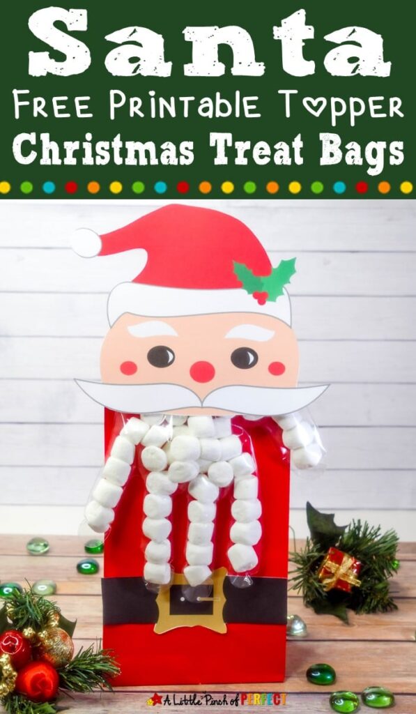 Santa Christmas Treat Bags: Free Printable Glove Topper-- Simply print the template, fill a glove to make Santa's beard, and assemble to make a one of a kind Santa Treat Bag! You can add a paper bag to include extra treats too. (#christmas #christmastreats #christmascrafts #kidsactivity)