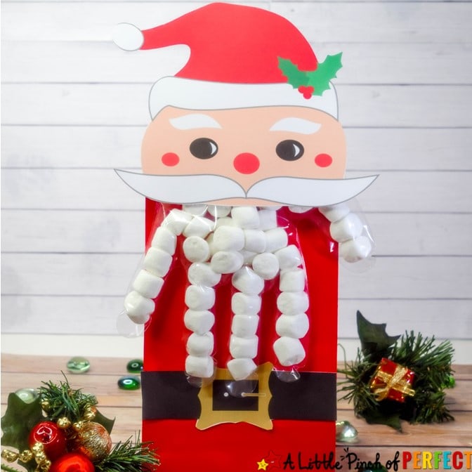 Santa Christmas Treat Bags: Free Printable Glove Topper-- Simply print the template, fill a glove to make Santa's beard, and assemble to make a one of a kind Santa Treat Bag! You can add a paper bag to include extra treats too. (#christmas #christmastreats #christmascrafts #kidsactivity)