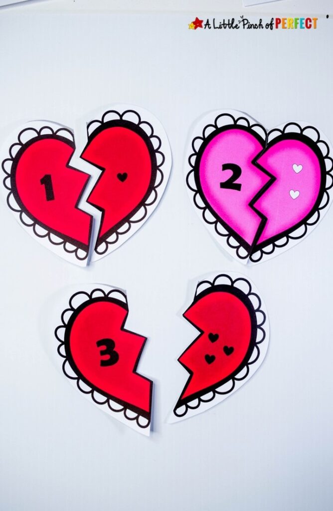 Kids can learn to count, identify numbers, and subitize with this cute set of Valentine Heart Number Puzzles. The printable includes 3 sets of hearts that include numbers 1-10. They are perfect for any preschooler or kindergartner who is learning their numbers. (#preschool #kindergarten #math #kidsactivity #printable #valentinesday)
