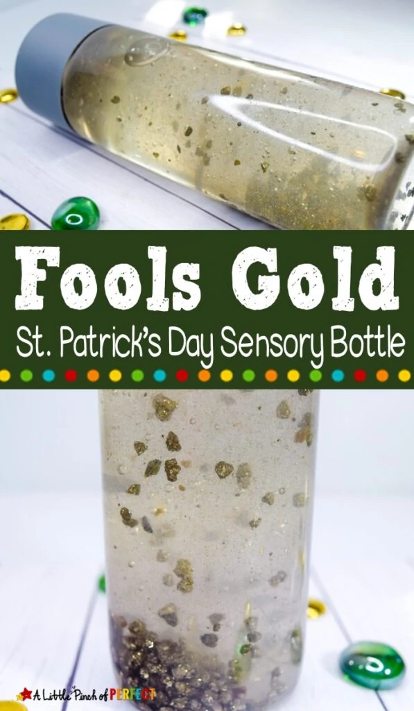 Fools Gold Sensory Bottle: Make a St. Patrick’s Day Fools Gold sensory bottle that kids will love to shake and swirl the gold at a hypnotizing speed. (#stpatricksday #kidsactivity #sensorybottle #preschool #toddler)
