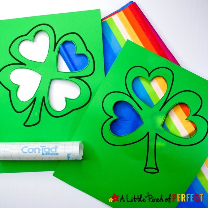 Kids will have fun making a shamrock filled with rainbow colors using our free craft template, tissue paper, and creativity. It’s a perfect craft activity for kids to make this St. Patrick’s Day. (#Stpatricksday #kidscraft #craft #kidsactivity #toddleractivity #preschool)