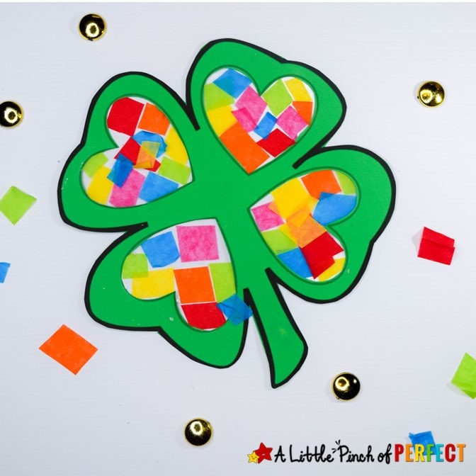 Kids will have fun making a shamrock filled with rainbow colors using our free craft template, tissue paper, and creativity. It’s a perfect craft activity for kids to make this St. Patrick’s Day. (#Stpatricksday #kidscraft #craft #kidsactivity #toddleractivity #preschool)