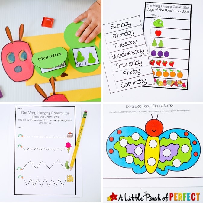 The Very Hungry Caterpillar Printable Activity Pack: This adorable pack of engaging activities will teach children letters, numbers, phonics, fine motor skills, shapes, life cycle of a butterfly, nutrition, days of the week, and more. It makes teaching and learning fun and easy. (#preschool #kindergarten #printables #kidsactivities #homeschool)