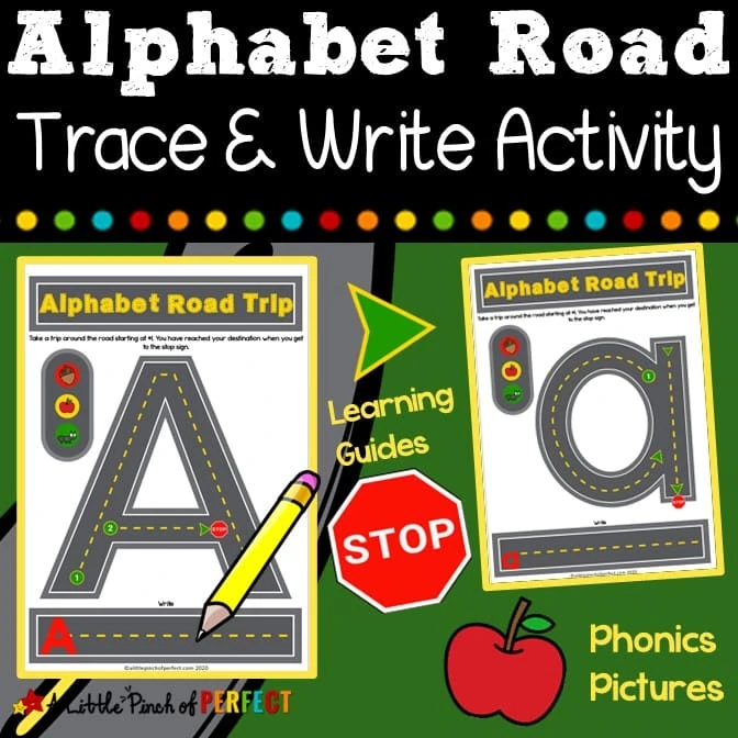 Alphabet Road Letter Mats: As students race around each track, they will practice letter identification and letter formation. Each track has green dots to guide children where to start, arrows to point them in the right direction, and stop signs to help them know when they have reached the end. (#preschool, #kindergarten #alphabet #homeschool #kidsactivity)